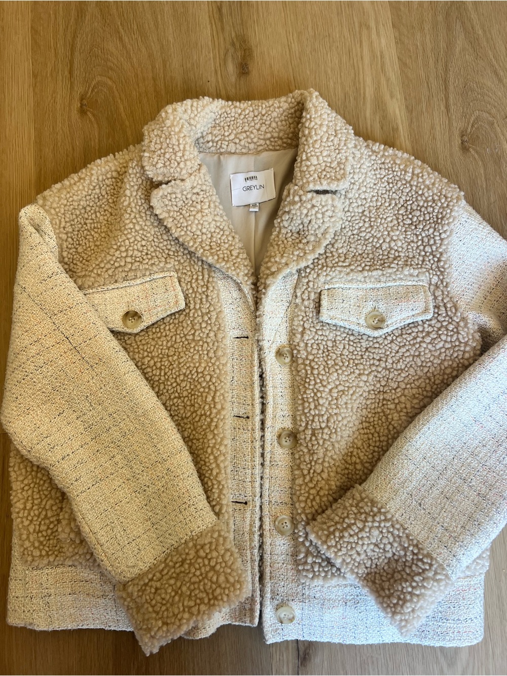Greylin Cream Sherpa & Knit-Blend Kids Jacket